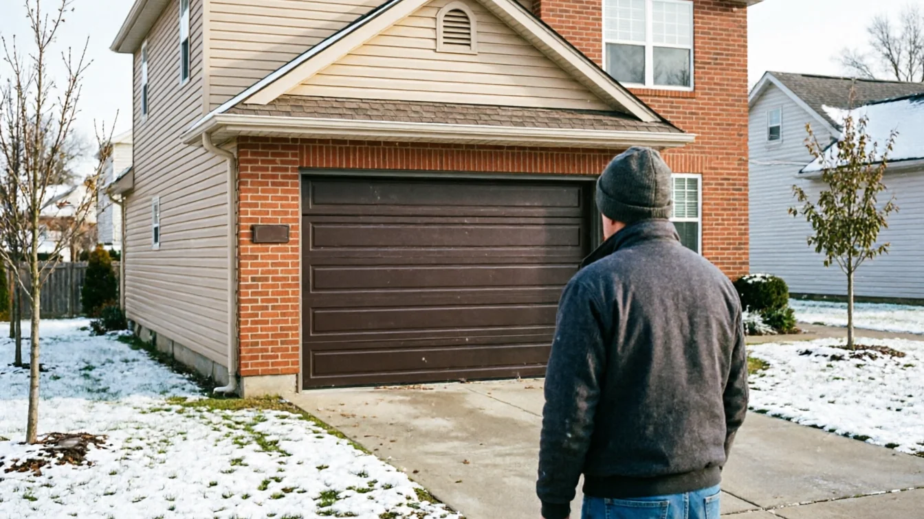 A technician in a hat stands facing a brown garage door on a snowy day.