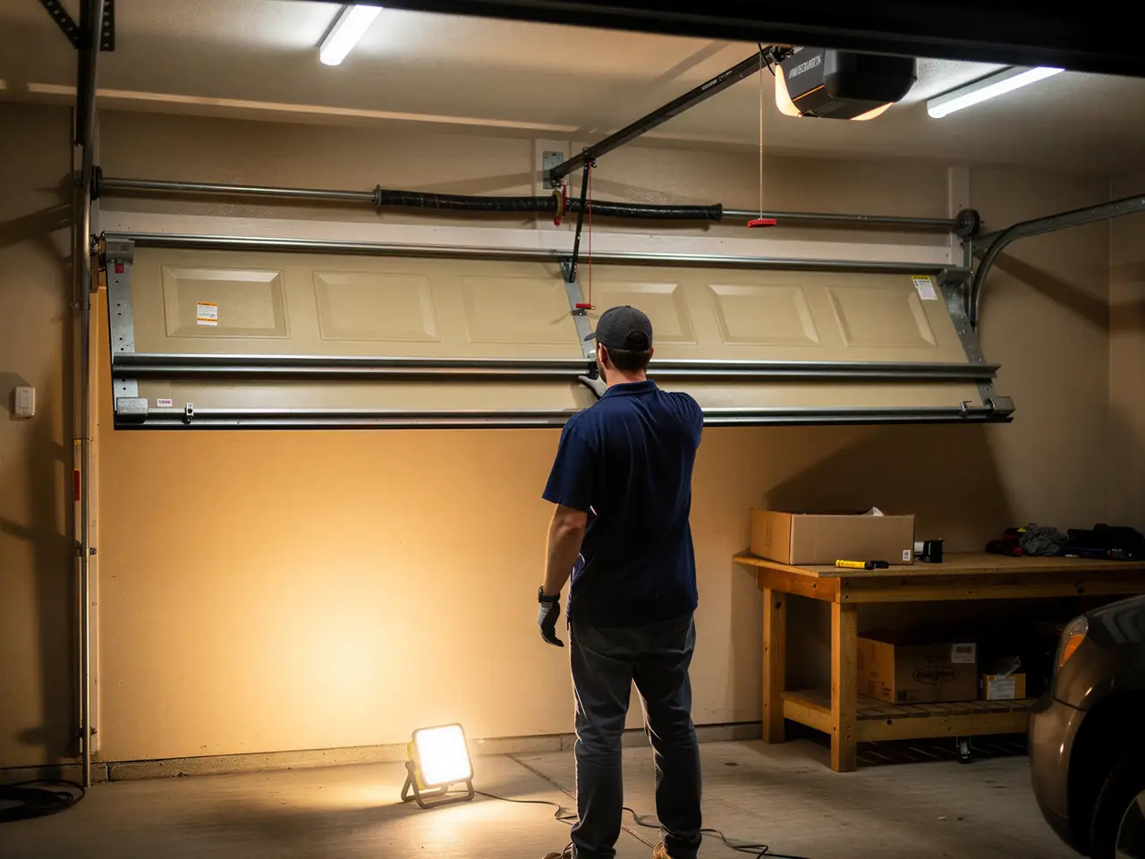 A technician is working on a beige garage door with a broken torsion spring.