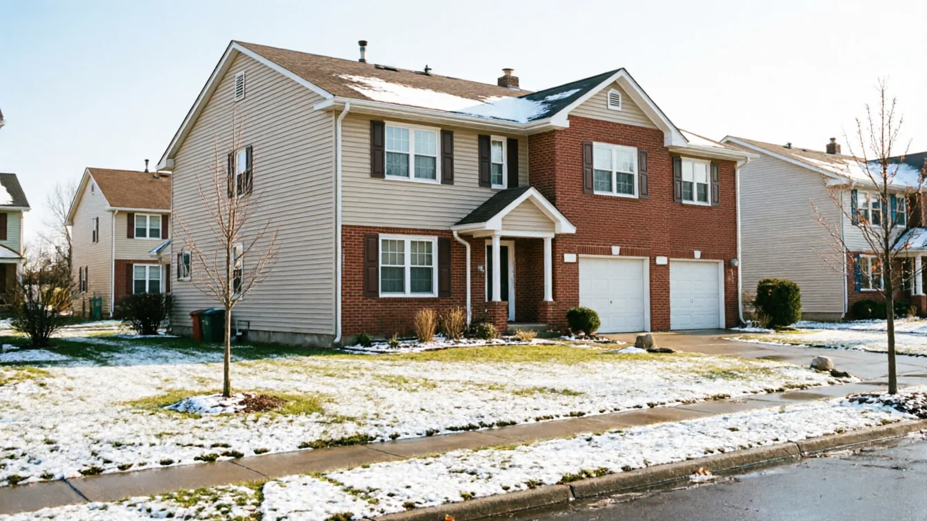 A two-story house with two white garage doors and a snow-dusted lawn.