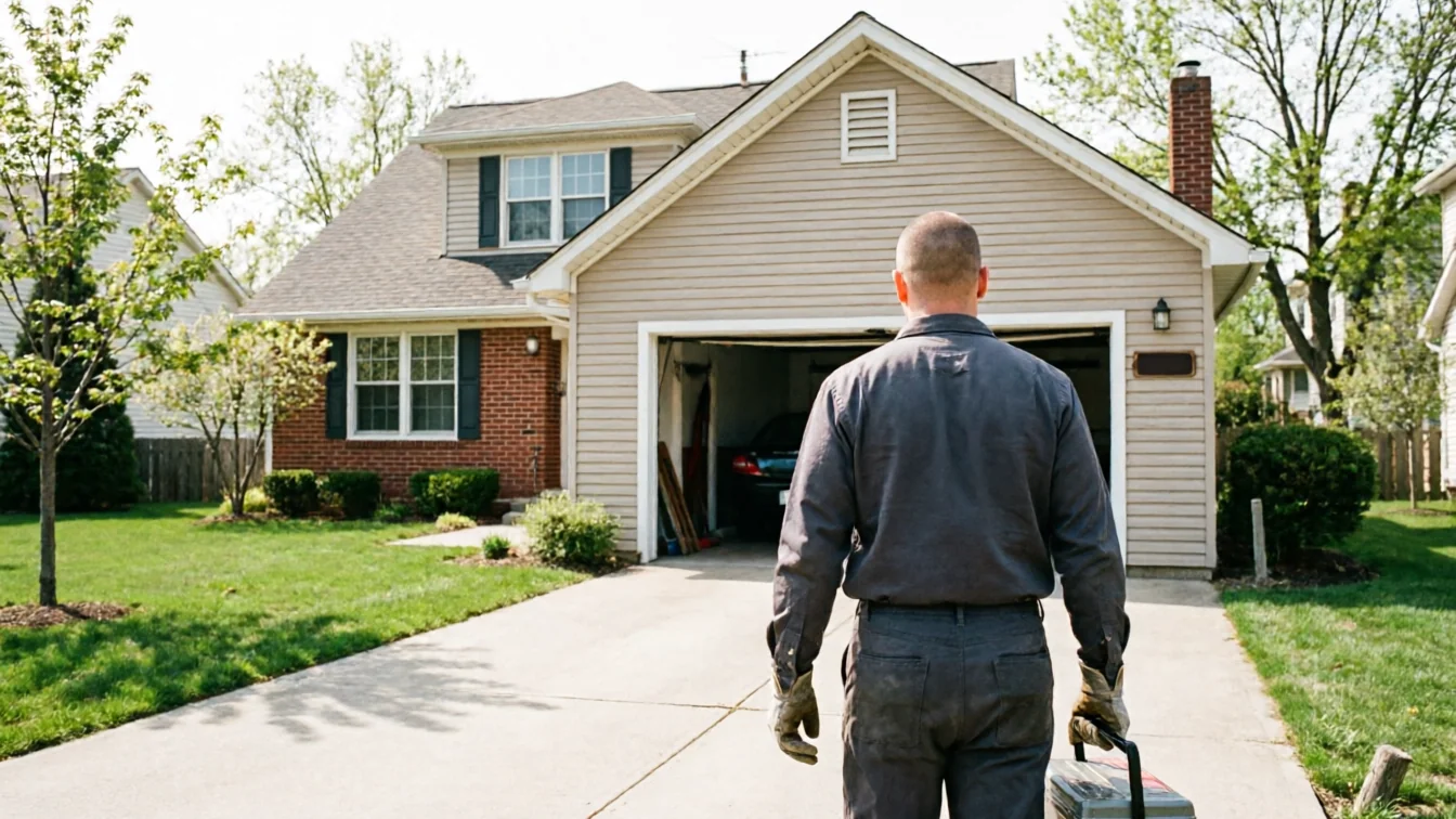 A technician walks toward a house with an open garage door.