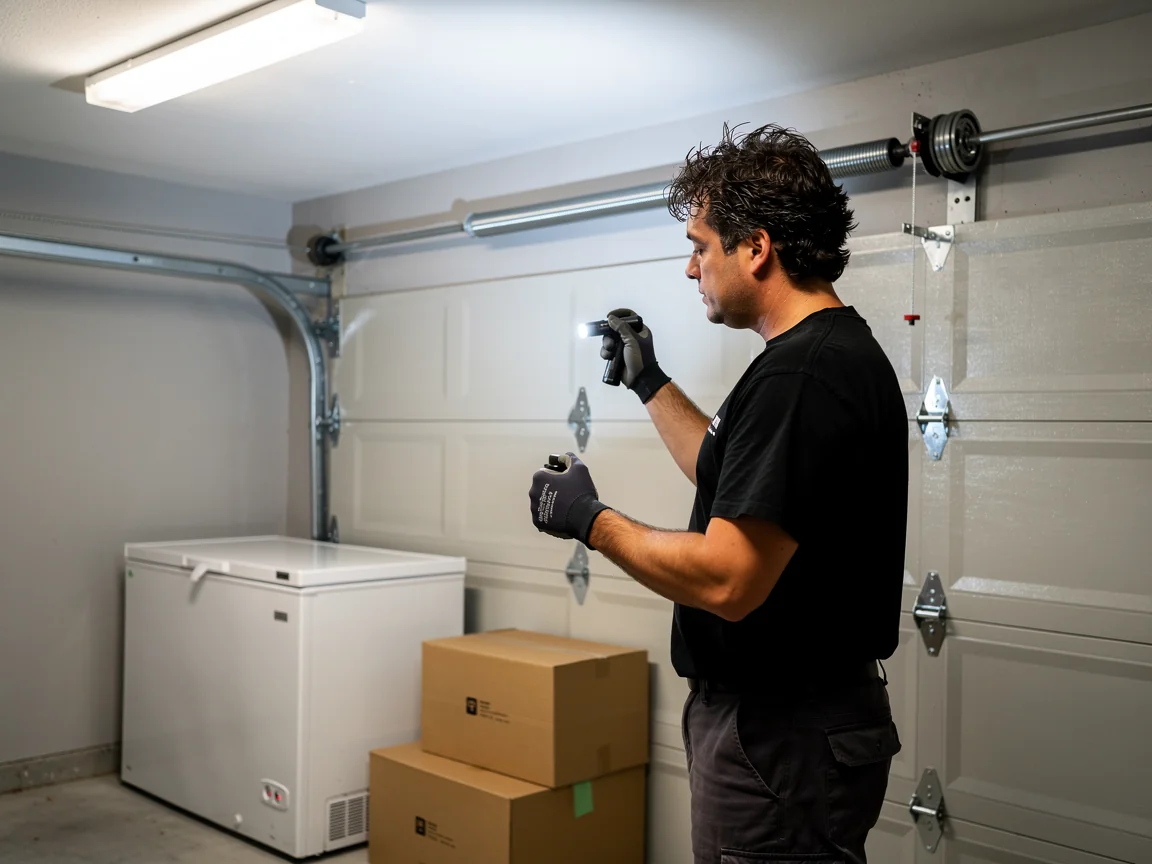 A technician shines a flashlight on a white garage door with a torsion spring.
