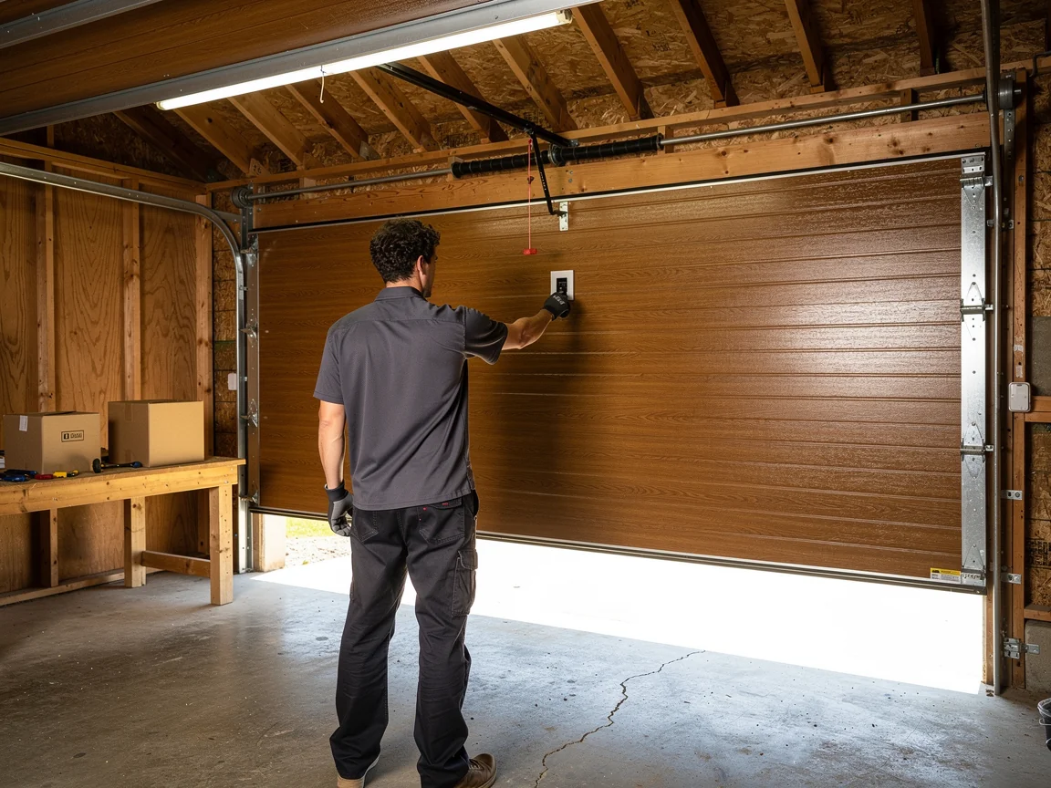 A technician in a gray shirt and gloves presses a button on a brown garage door.