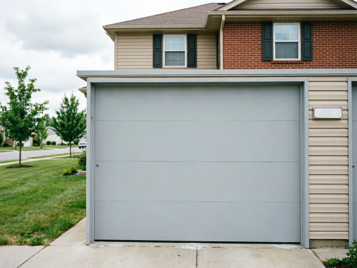 A light gray garage door is on a two-story house with brick and siding.