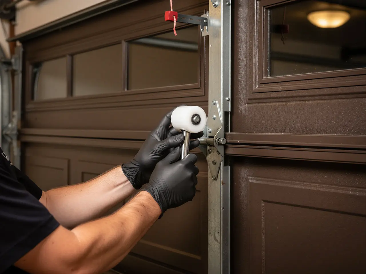 A technician wearing black gloves replaces a roller on a brown garage door.