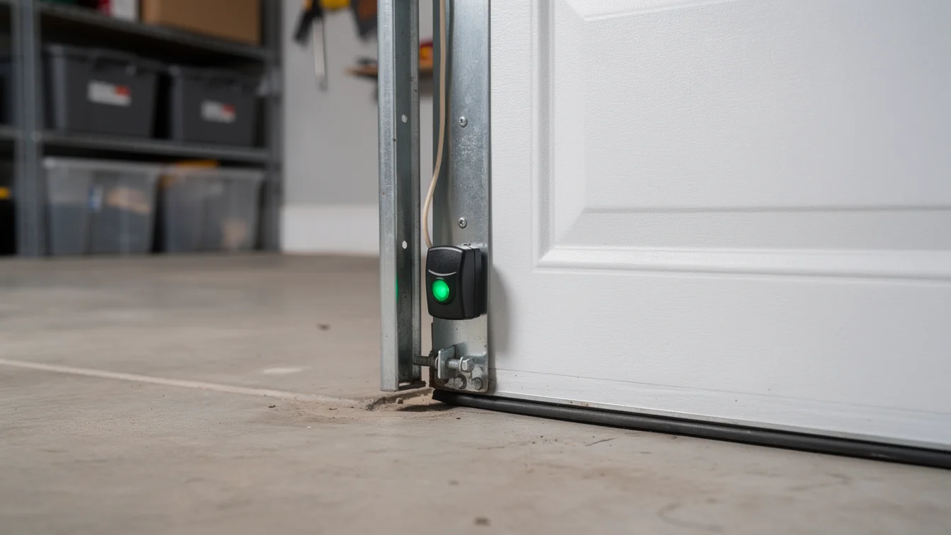 A garage door safety sensor with a green light is mounted on a metal track.