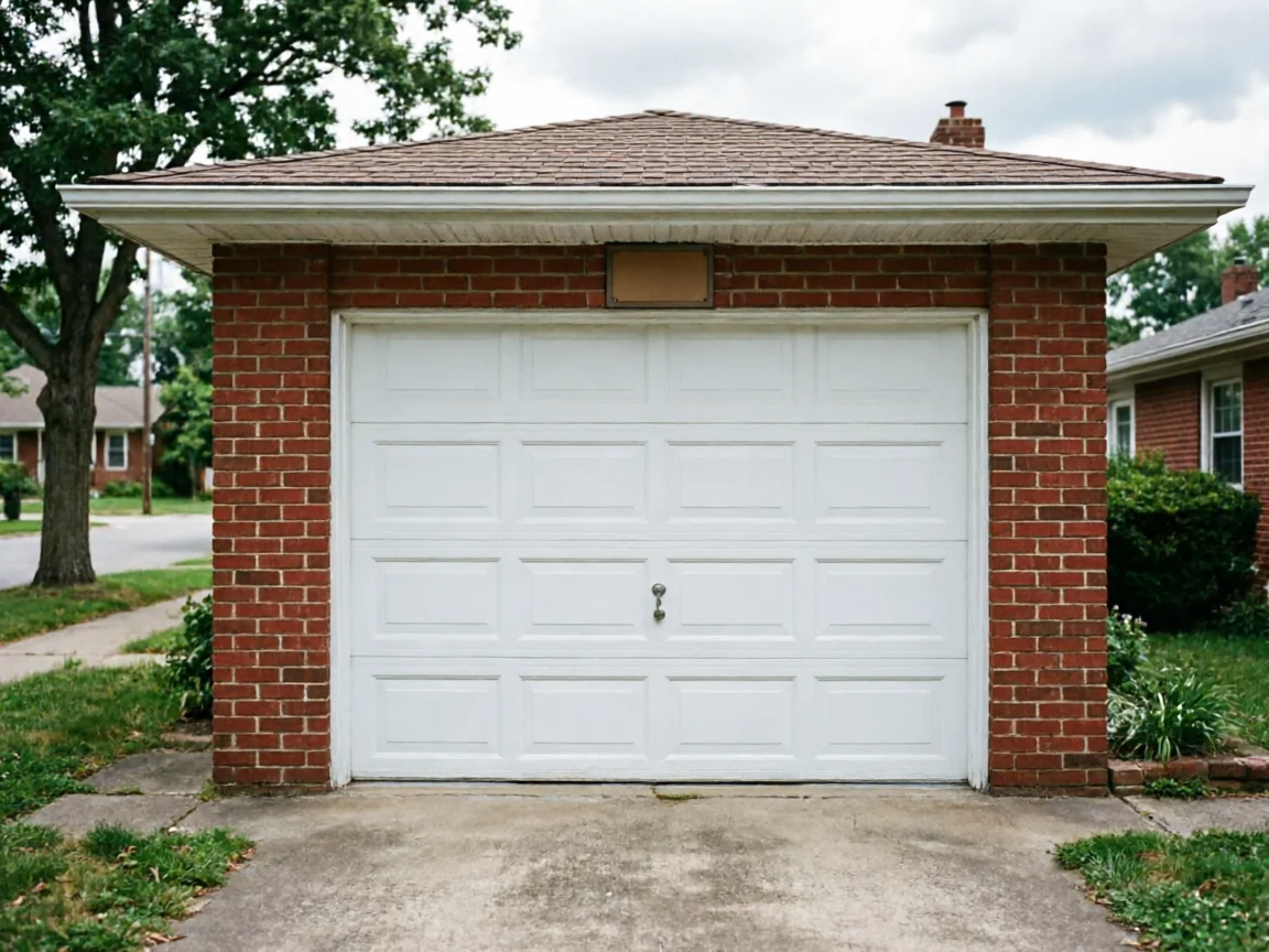 A white paneled garage door is set in a red brick garage.