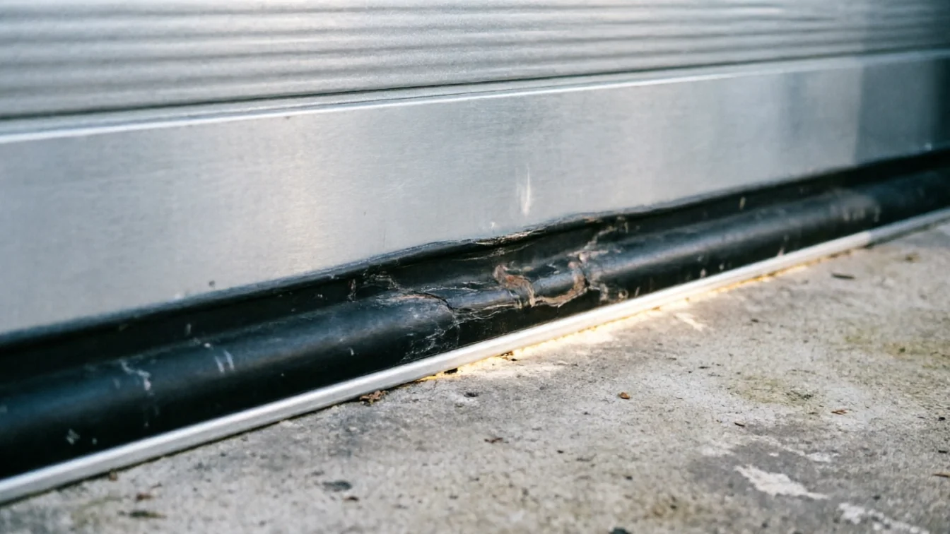 The garage door bottom seal is cracked and damaged.