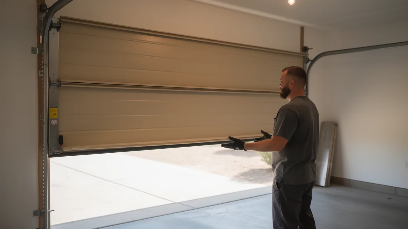 A technician in a gray shirt and black gloves stands next to an open beige garage door.