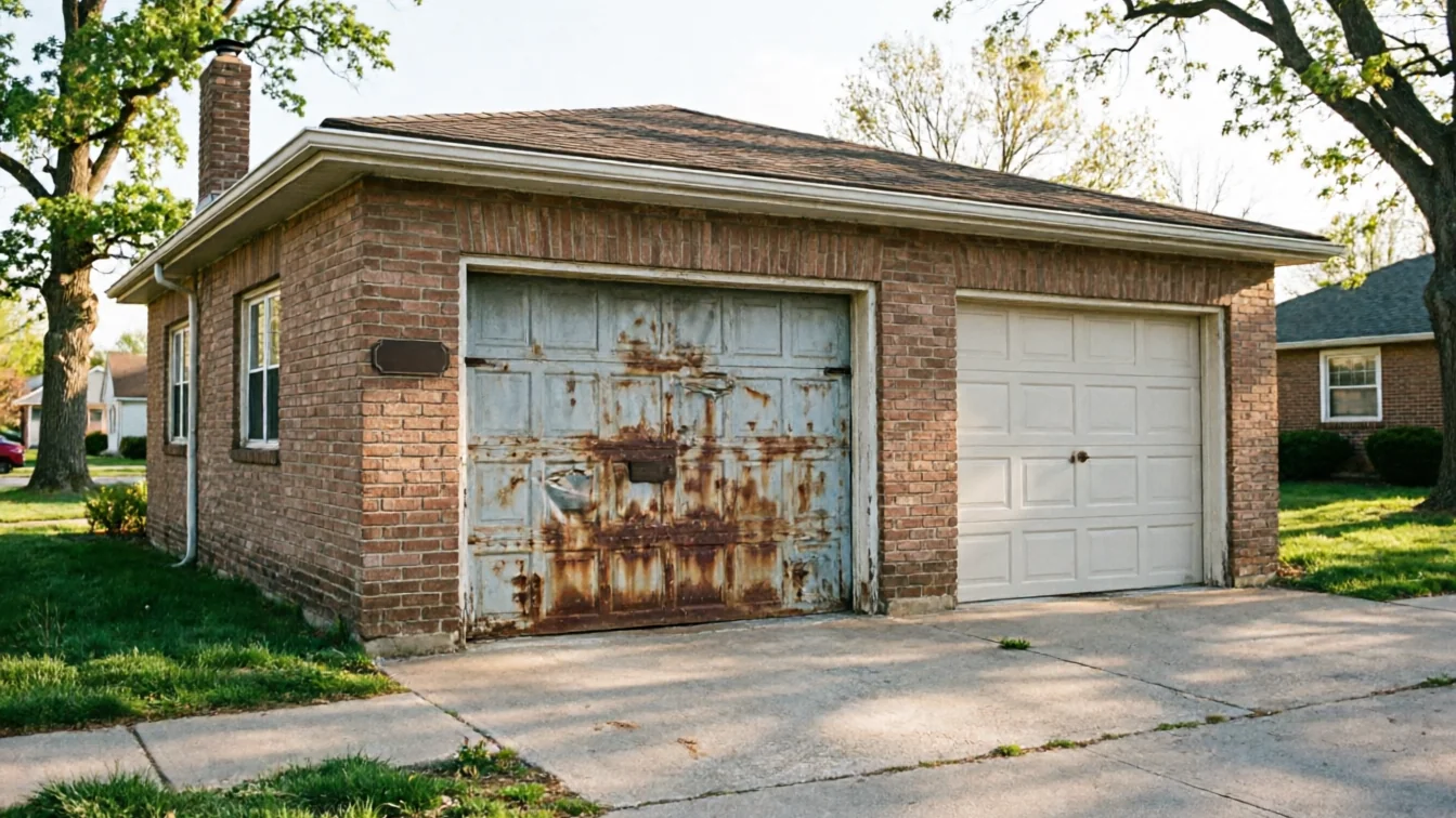 A brick garage has one rusty, damaged door and one clean, white door.