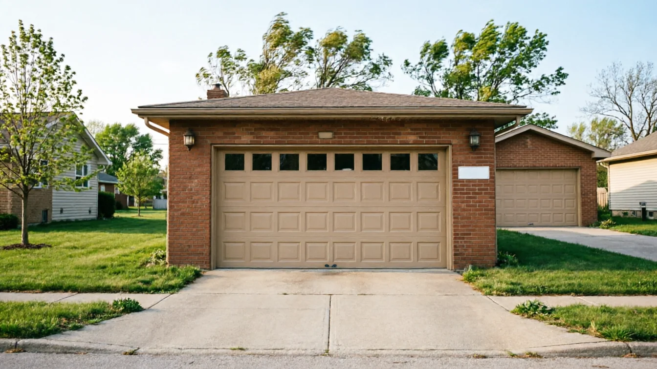 A beige garage door with windows on a brick garage.